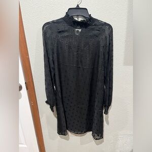 Sheer Black Long-Sleeve Dotted Shift Dress Size Small The Korner NWT